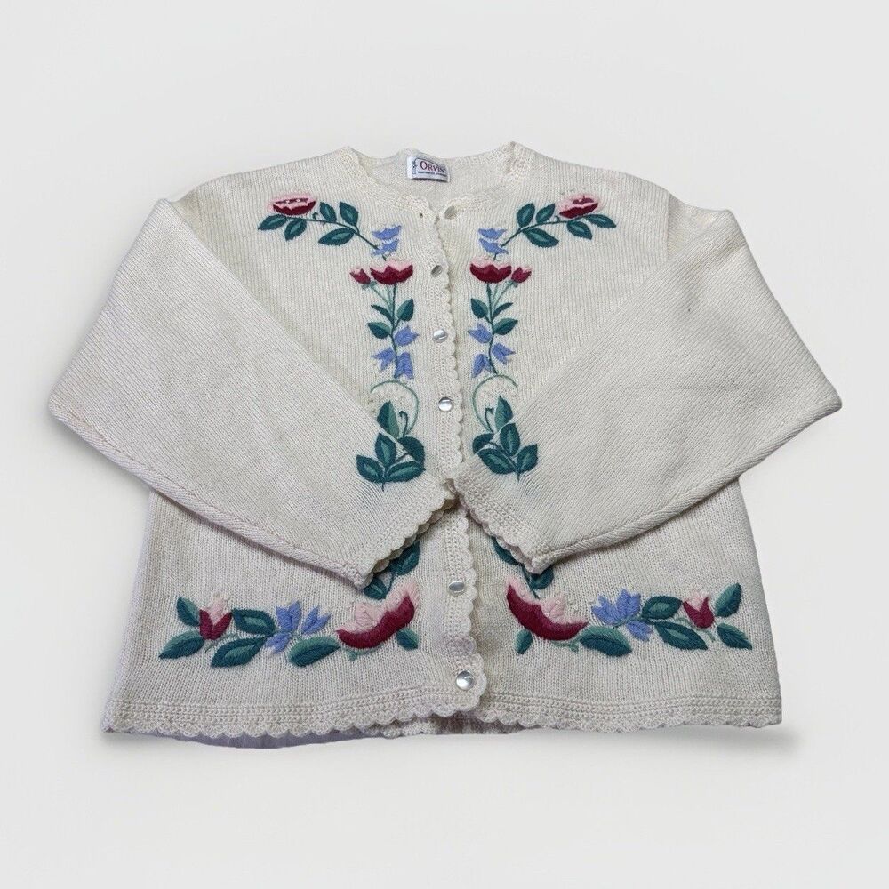 Orvis Embroidered Wool Cardigan Sz L Cream Vintage Cottagecore Statement Flower